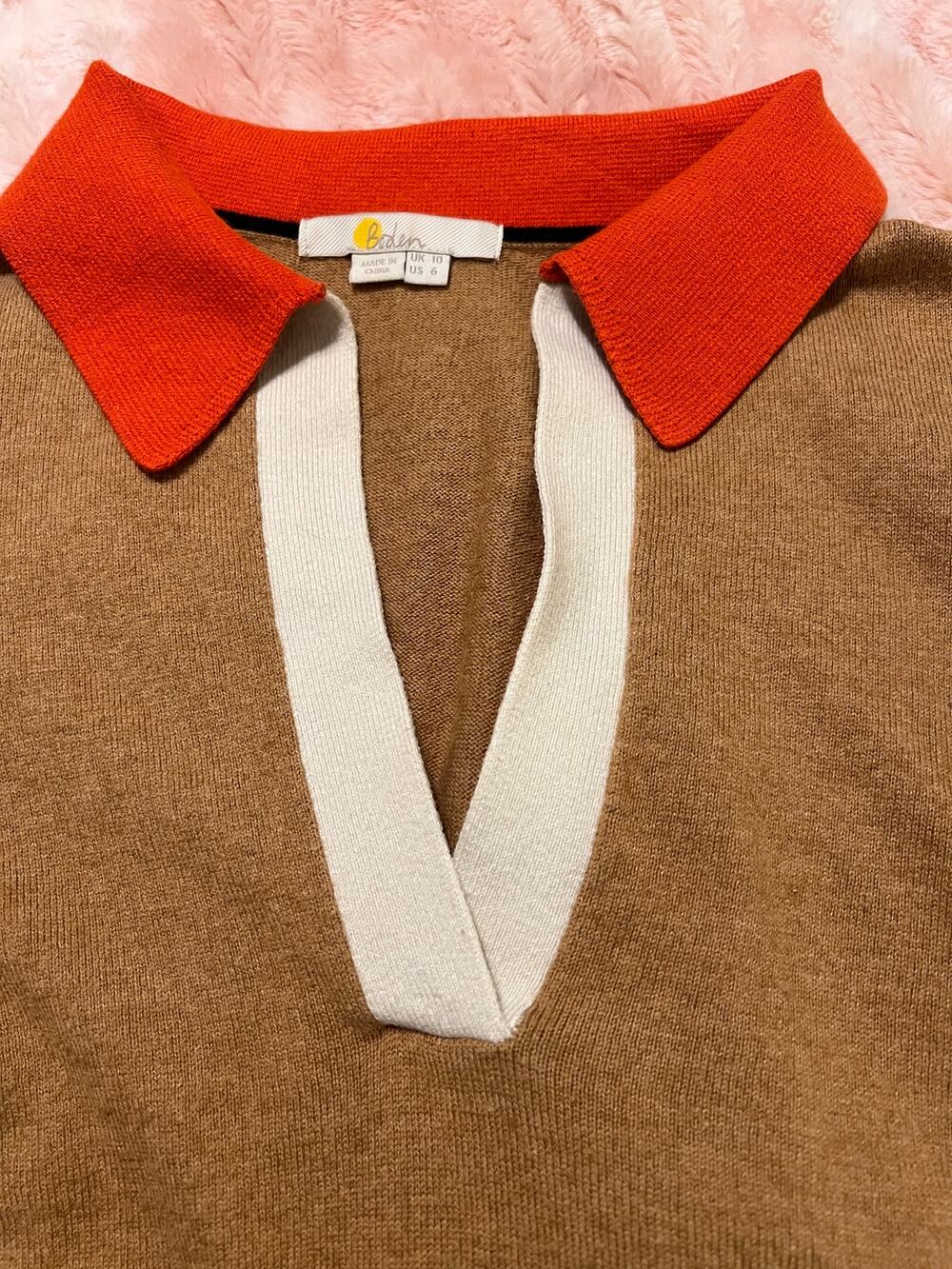 Boden Women’s US 6 Colorblock Rugby Polo Sweater Brown Orange Cream Black